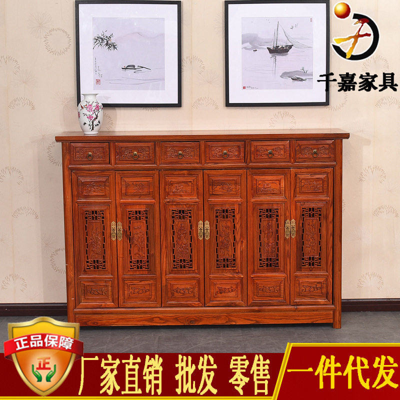 仿古南榆木六门雕花玄关鞋柜