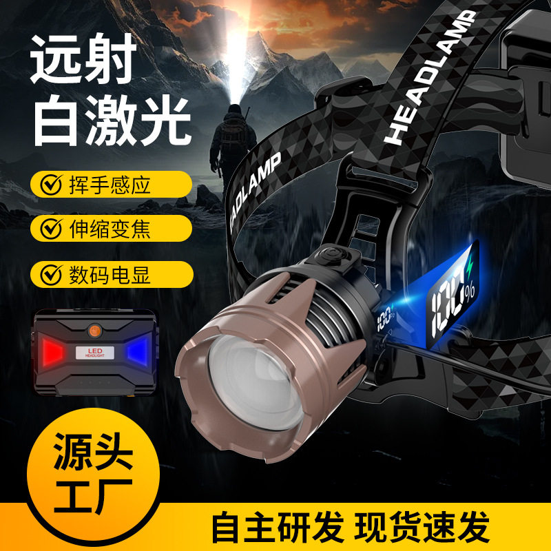 跨境新品头灯伸缩变焦中间露营灯挥手感应头戴式头灯户外强光头灯