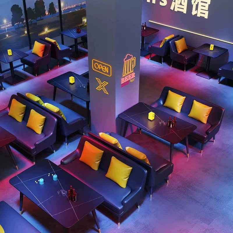 网红简约皮艺沙发现代轻奢风酒吧餐吧卡座餐厅沙发桌椅组合一体式