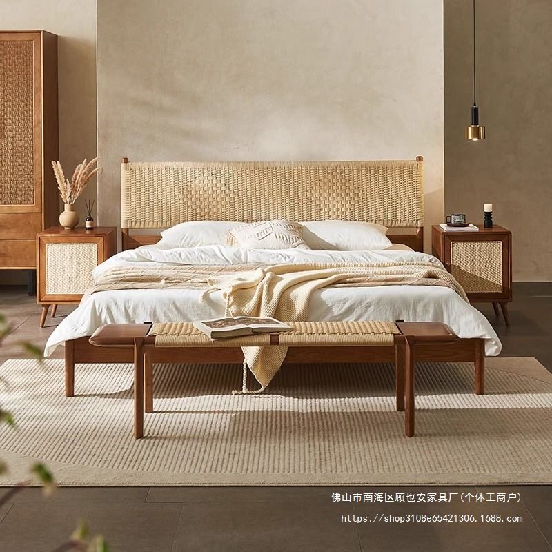 G东南亚风格实木床1.8米藤编双人床酒店民宿藤艺家具设计师款藤床