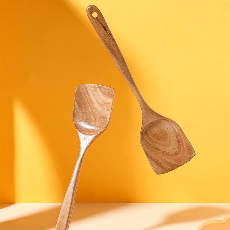 柚木锅铲家用煎铲漏铲简约木质铲子不粘锅长柄锅铲厨房烹饪工具