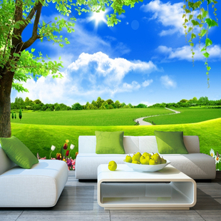 2024蓝天白云墙布5d草原田园风景壁纸8d电视背景影视墙纸壁画壁布