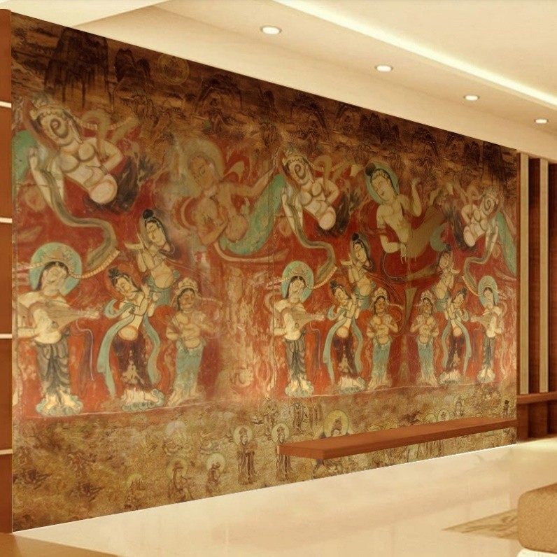 敦煌莫高窟壁画隋唐卡西域仕女起舞凑乐彩绘墙纸做旧古佛系壁纸,家装主材,无纺布墙纸,淘宝优惠券,粉丝福利购,淘宝优惠卷