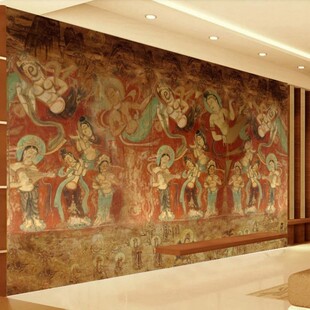 敦煌莫高窟壁画隋唐卡西域仕女起舞凑乐彩绘墙纸做旧古佛系壁纸