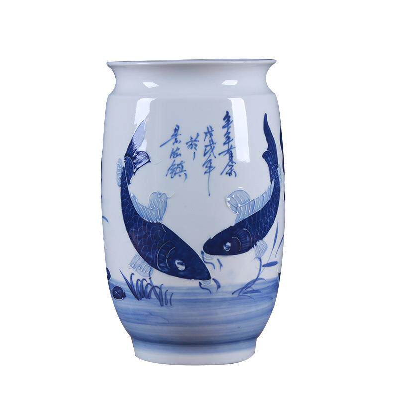 景德镇陶瓷花瓶摆件手工雕刻荷花鱼青花瓷瓶花插富贵竹水培花瓶