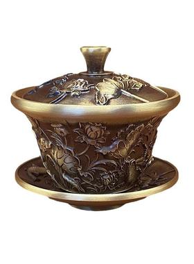 黄铜盖碗三件套茶碗工艺品摆件茶具茶杯佛前供水碗龙凤杯盏莲花杯
