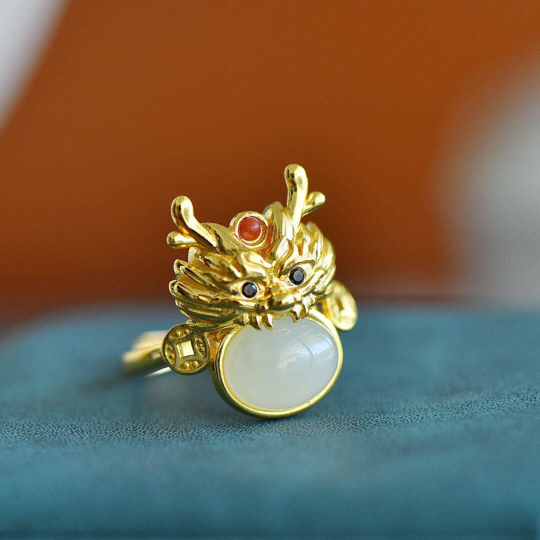 s925银镶和田玉吉祥龙戒指玉饰品龙凤呈祥中国风古风龙造型1544
