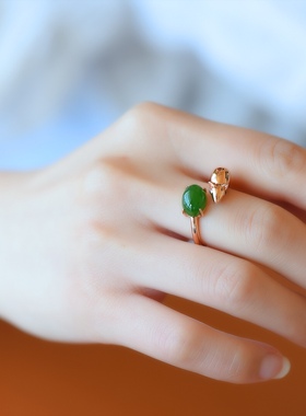 S925银镶和田玉碧玉十二生肖戒指天然手饰女士玫瑰金简约绿色新潮