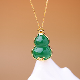 铜镶嵌绿玉髓葫芦吊坠福禄双全玉挂件挂饰颈饰锁骨链精致坠20816