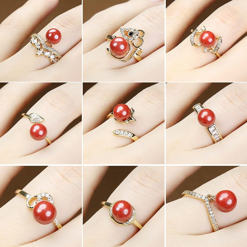 正品高含量帝王砂镶嵌满钻原石朱砂戒指女轻奢本命年精工活口手饰