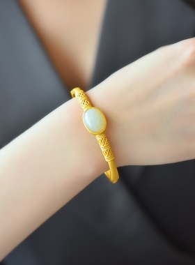 s925银镶和田玉蛋面手镯手环纯银复古宫廷风女士开口可调节玉镯