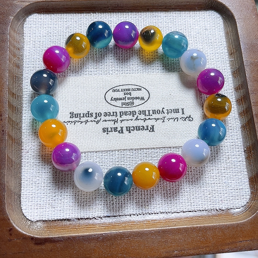 七彩彩色溏心玛瑙手串珠径10mm多宝手串多宝手链女原创天然