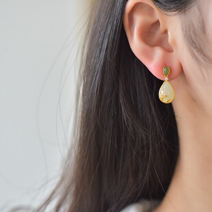 s925银镶和田玉水滴白加绿耳坠古风女士简约气质耳环女款 耳钉2896