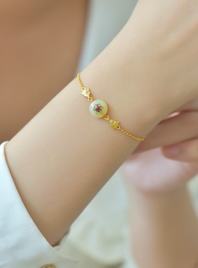 s925银镶和田玉平安扣太阳花手链