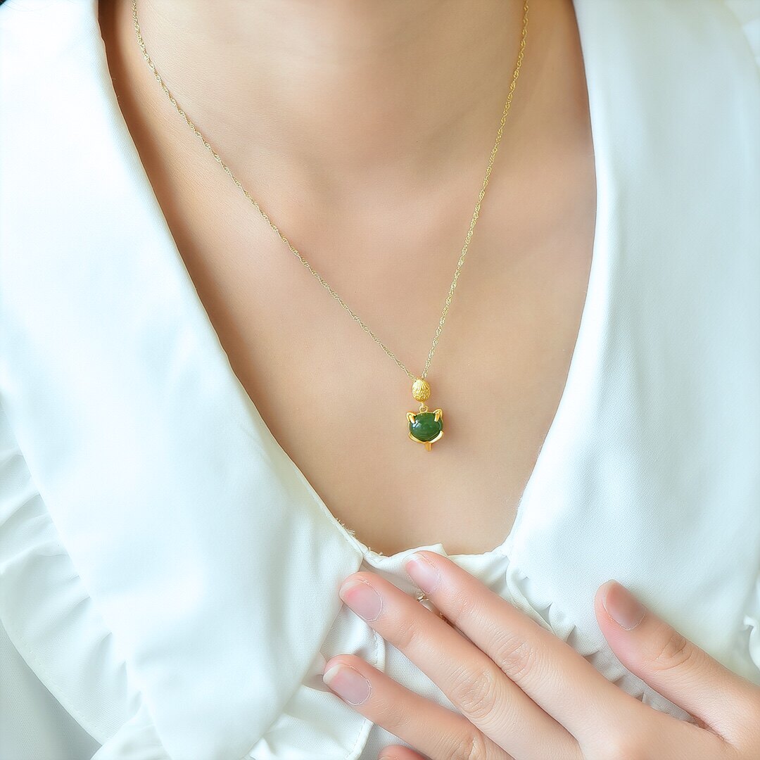 s925银镶和田玉碧玉狐狸时尚吊坠10697-6#