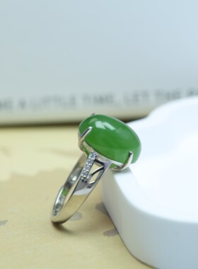 s925银镶和田碧玉蛋面戒指11390