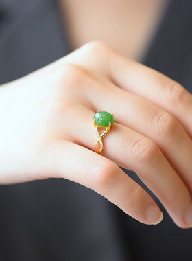 s925银镶和田碧玉蛋面戒指