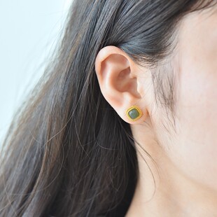 s925银镶和田玉鼓面素银耳钉天然玉石新中式 轻奢送礼精致耳饰2951