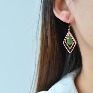 s925银镶和田玉碧玉水滴耳坠耳环天然金色女款 耳钉绿色气质12086