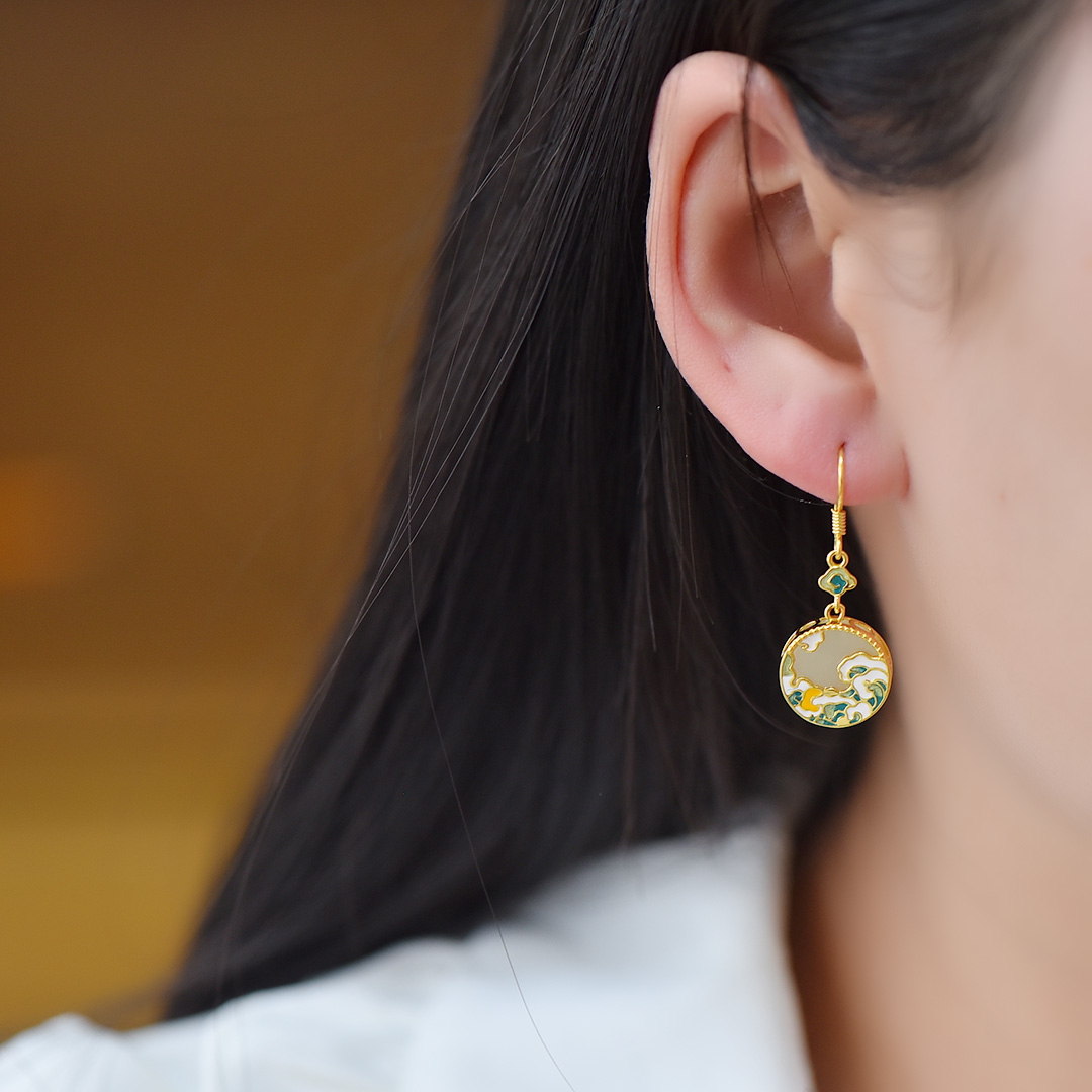 s925银镶和田玉平面耳坠简约中国风耳饰气质宫廷风珐琅耳环优雅女