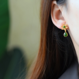 s925银镶和田玉碧玉水滴耳坠12175-6#