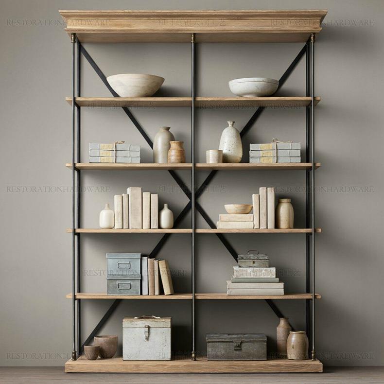 美式乡村黑胡桃木实木书架LOFT工矿原木金属五层货架展示架搁置架