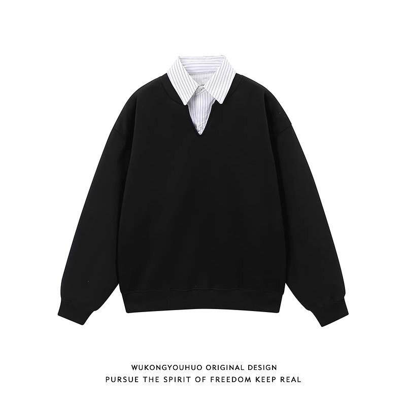 悟空有货复古条纹假两件拼接POLO领卫衣男女春季潮牌情侣宽松上衣