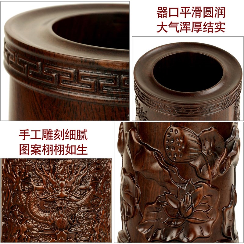 现货速发桃木笔筒收纳盒创意书房办公室桌面摆件简约大容量五牛图