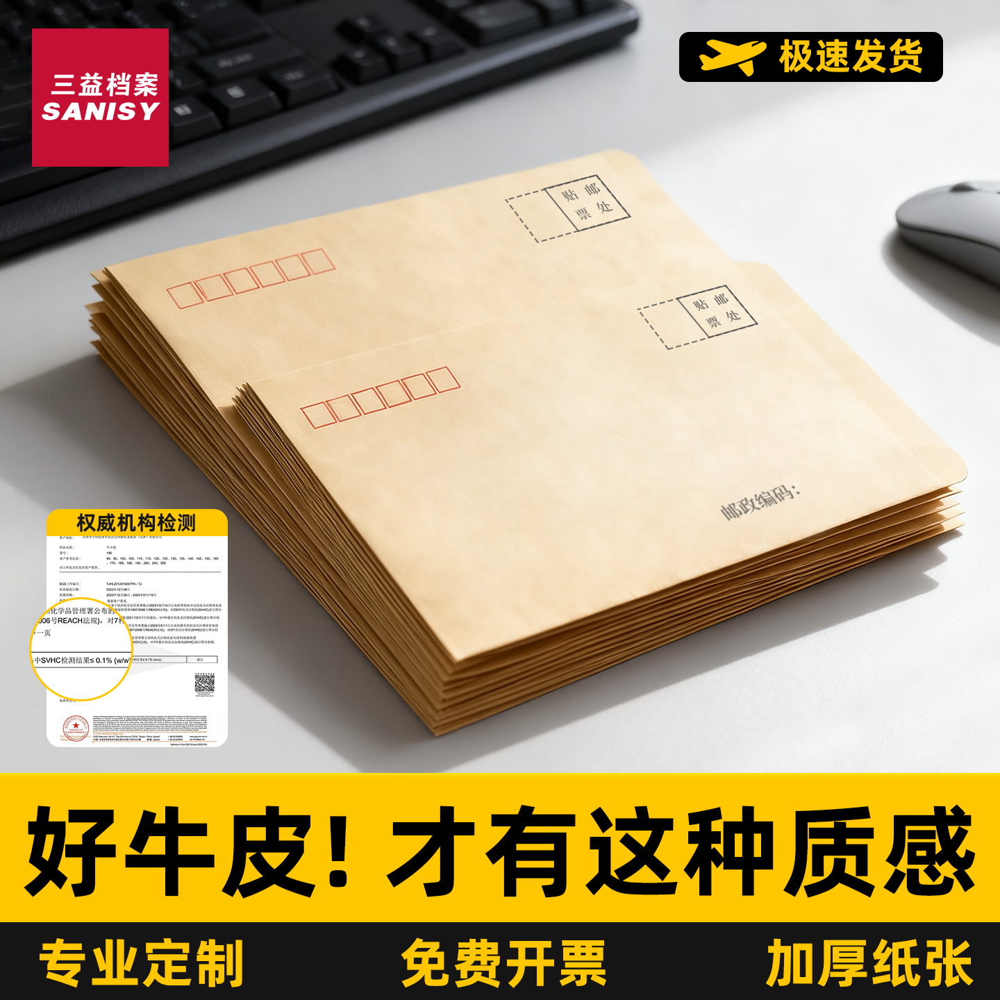 100个加厚信封牛皮纸可邮寄信封信纸袋A4大小标准增值税发票专用工资发票资料袋办公用品批发定制定做印logo