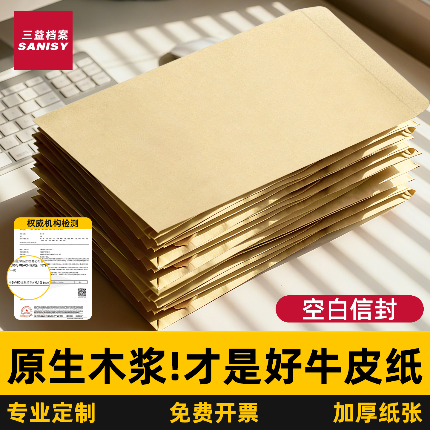 三益加厚空白信封信纸A4牛皮纸信封现金袋无字大信封高级感黄色简约资料袋9号牛皮纸文件袋可定制定做印logo