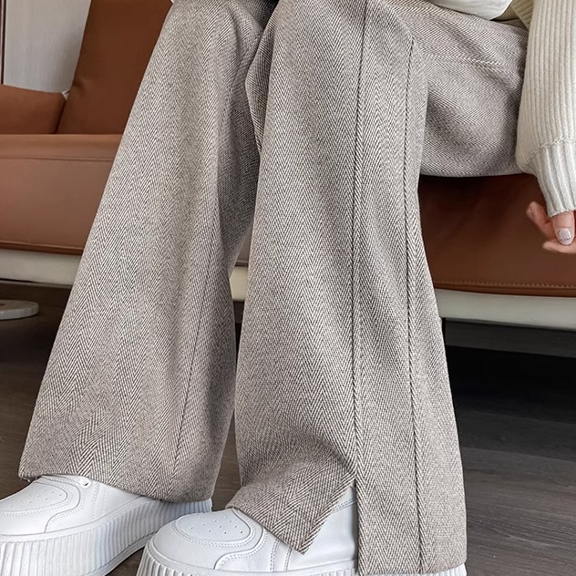 毛呢裤子女秋冬高腰加绒加厚人字纹阔腿裤女宽松休闲窄版直筒女裤