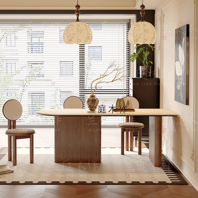 中古风岩板洞石法式餐桌家用小户型D轻奢奶油半圆半岛形餐桌子客