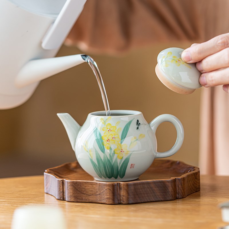 画续草木灰手绘蕙兰梨形s茶壶泡茶家用功夫茶具单壶可爱陶瓷一人