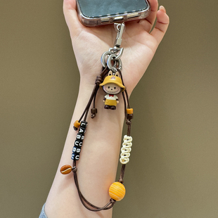 摸鱼原创泡泡玛特咖啡萌粒手机挂绳短款手机链手工编织可调节蜡绳