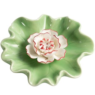 创意陶瓷线香炉手工白瓷莲花三孔线香插环香炉底座青瓷香盘香薰炉