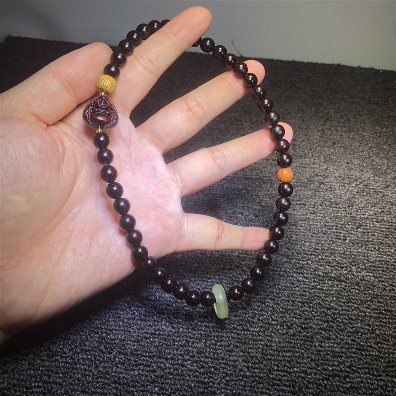 印度小叶紫檀木作精雕刻招财弥勒双圈8mm手持手串佛珠手錬男女款