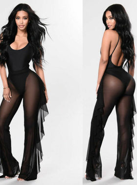 New 2020 Summer Women Beach Mesh Ruffle Sheer Wide Leg Pants