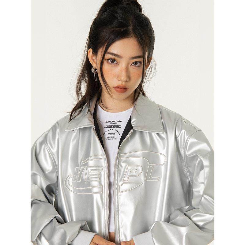 潮牌嘻哈银色外套女2023新款宽松pu皮夹克美式复古街头皮衣巨好看