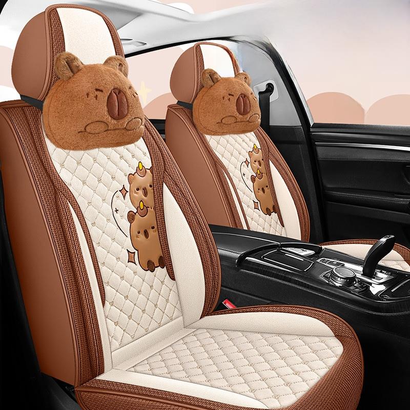 新款亚麻汽车坐垫卡皮巴拉全包围四季通用女神专用连体头车座椅套