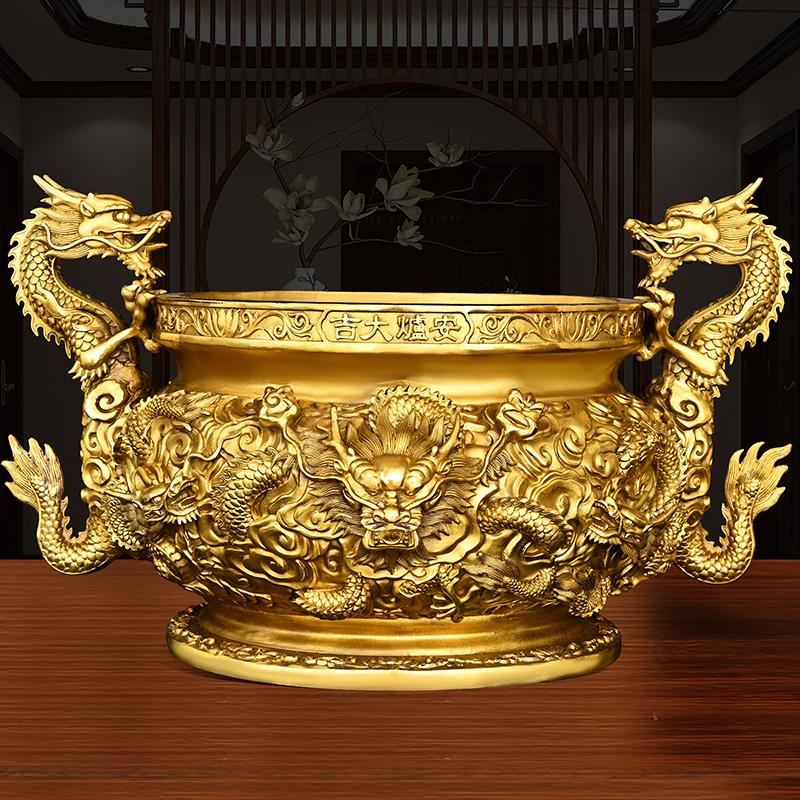 黄铜九龙香炉摆件大号圆底炉双龙家用室内供奉香薰炉工艺品龙戏珠