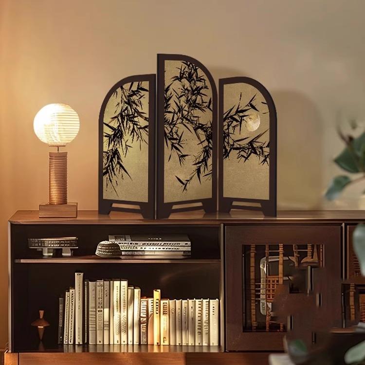 中古风水墨竹小屏风桌面摆件新中式茶桌电视柜玄关装饰品复古摆画