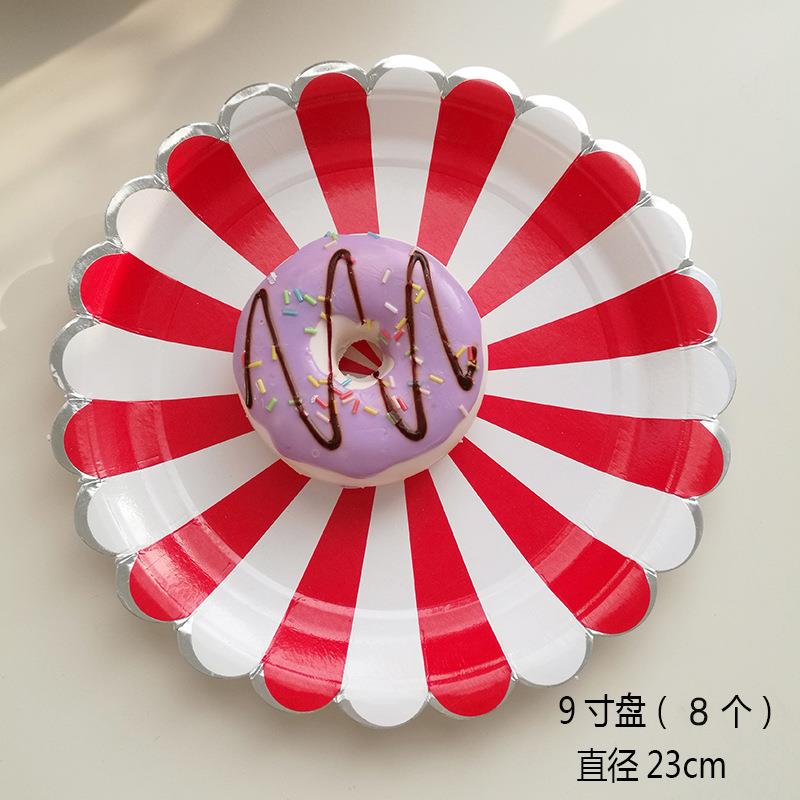 生日派对装扮烫金餐具套餐一次性大红条纹金色边纸盘纸杯纸巾