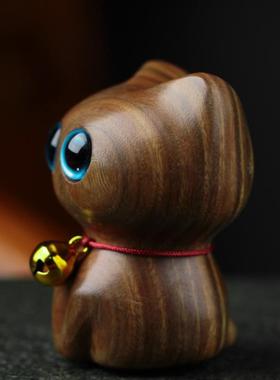 绿檀木雕刻优雅猫实木动物手把件卡通家居汽车可爱小猫咪木猫摆件