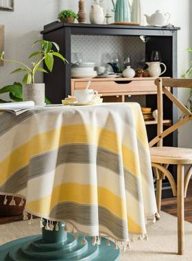 桌布灰色色织条纹流苏仿棉麻餐桌布圆桌茶几艺长方形