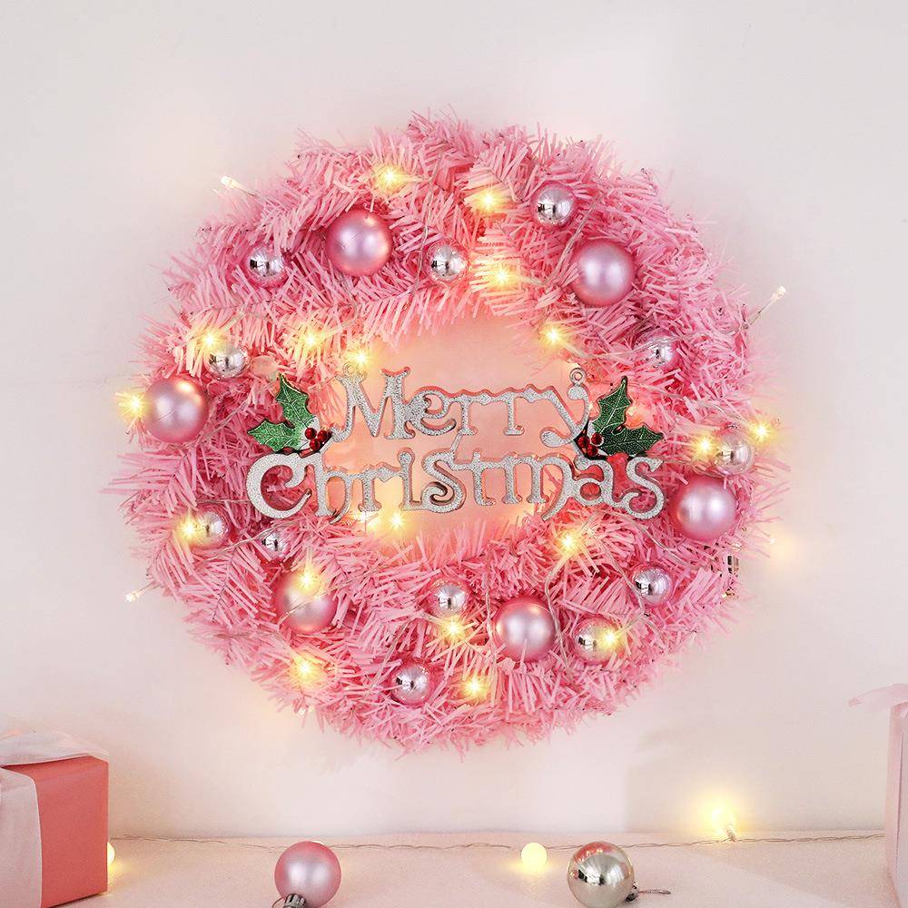 粉色圣诞花环30cm仿真花环橱窗门挂圣诞节场景布置道具圣诞装饰