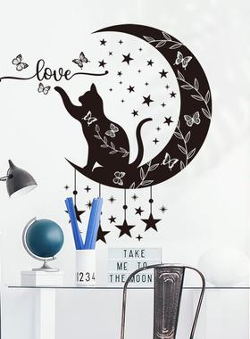 黑色猫咪门上装饰贴纸月亮星星墙面装饰贴画儿童房背景墙可移除贴