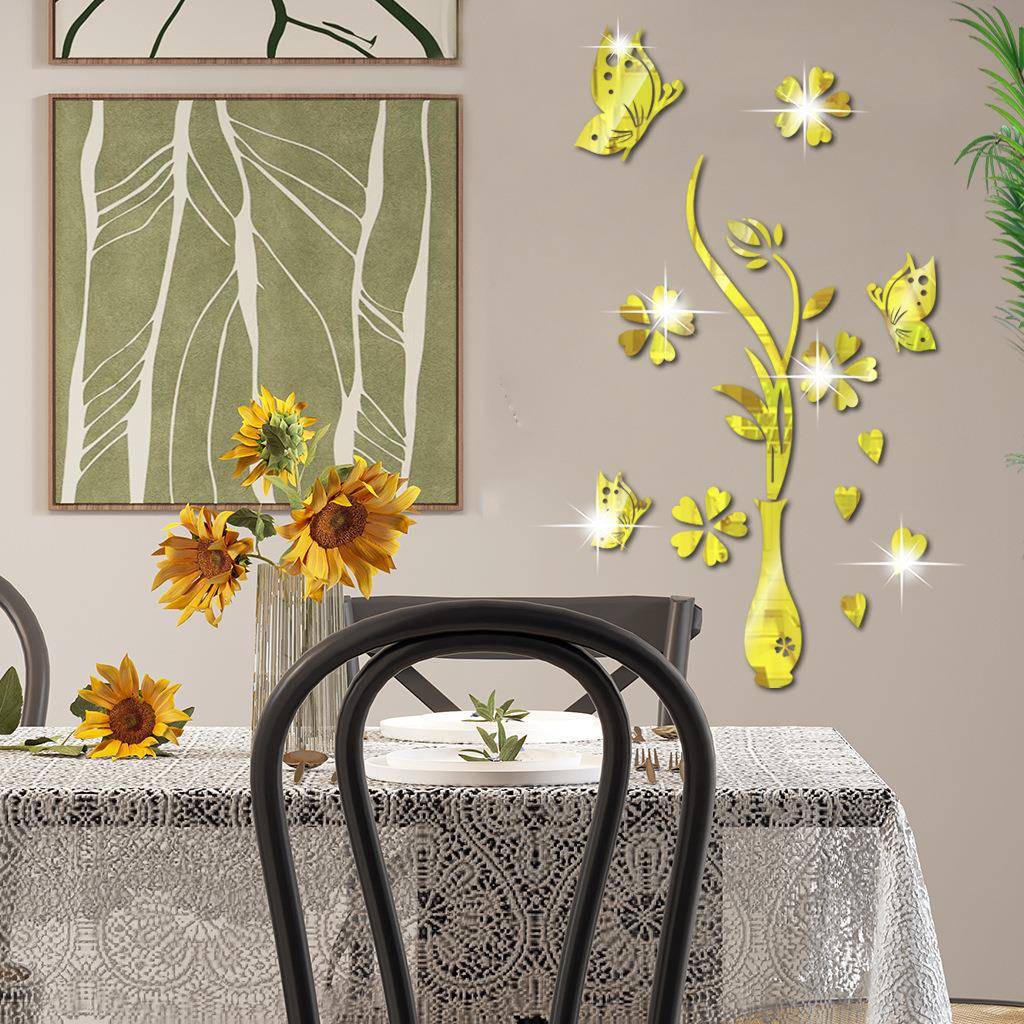 花束花瓶蝴蝶亚克力镜子贴SM25自粘1mm厚度带背胶镜面墙贴