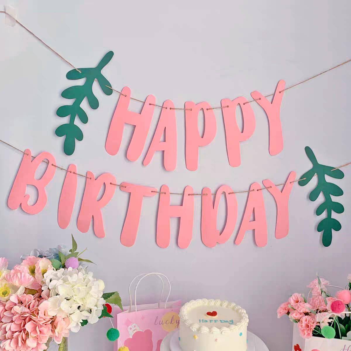 森系happybirthday树叶生日快乐无纺布拉旗派对装饰拍照布置挂旗