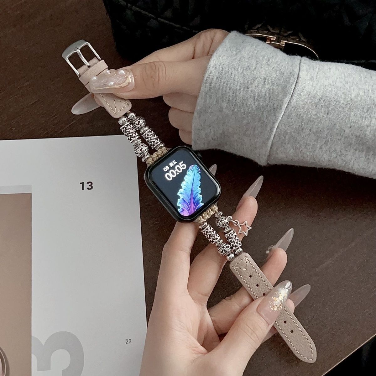 新款五角星高颜值藏银皮质民族风OPPOwatchX/4Pro表带123Pro通用