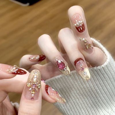 【红冠皇后】法式满眼穿戴甲细金鎏金满眼美甲异域风红宝石指甲贴